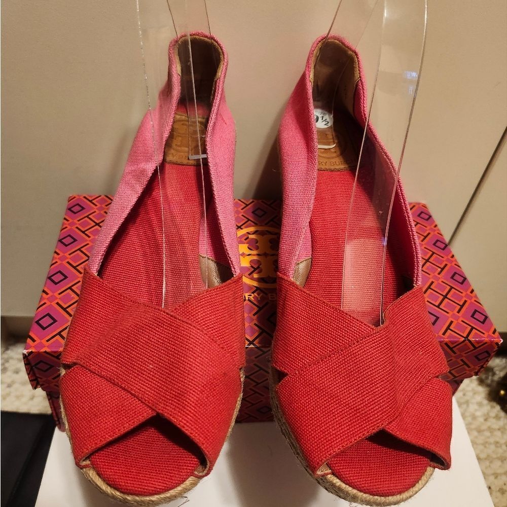 Tory Burch Red/Pink Canvas Peep Toe Wedge Heel Espadrilles Sz.9 $265 - Picture 7 of 10